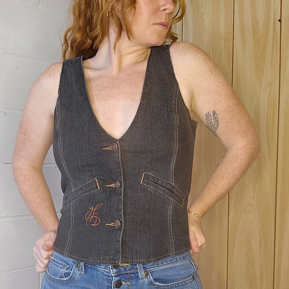 Bikercore McBling Alt Western Harley Davidson Denim Button Down Vest Tank Top